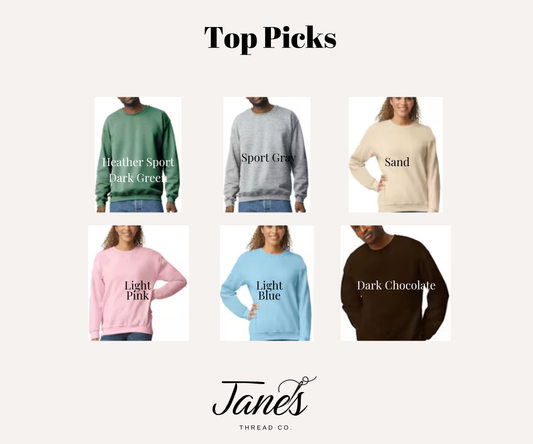 Collage of six sweatshirts in different colors with labels and 'Jane's Thread Co.' branding.
