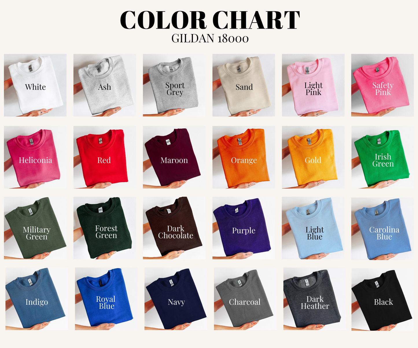 Color chart of Gildan 18000 t-shirts in various colors held by hands.