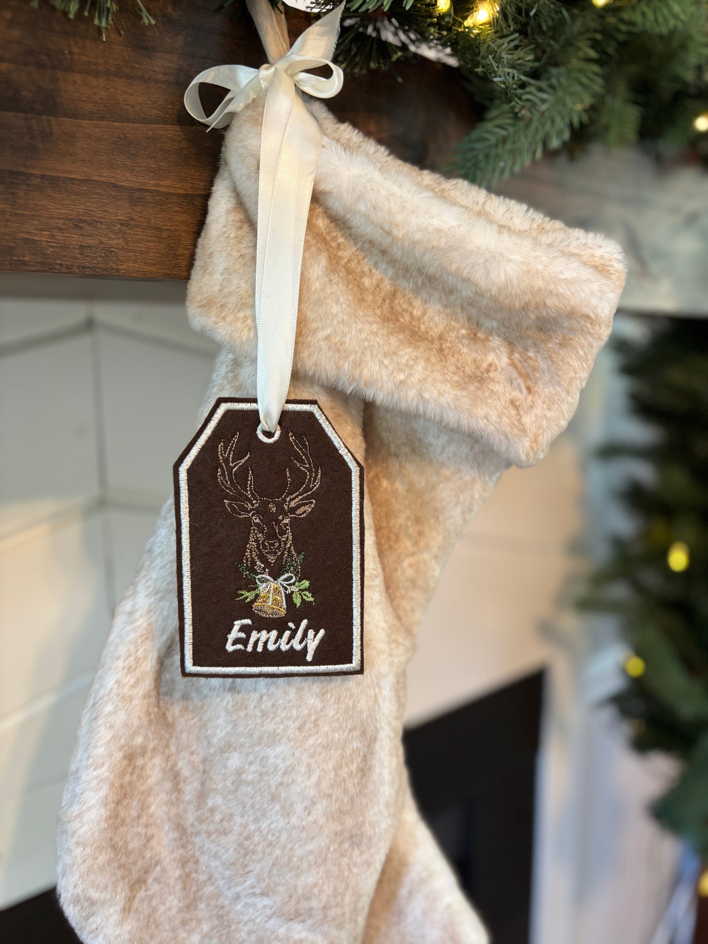 Personalized Felt Christmas Tag - Deer -Brown