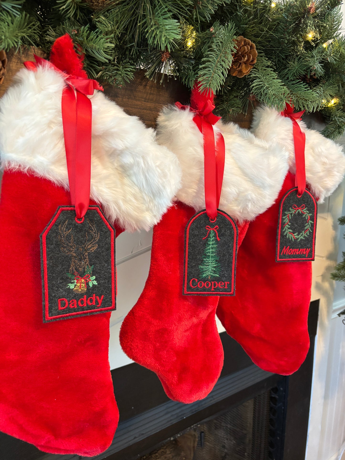 Red Christmas stockings with personalized tags in front of a decorated tree.