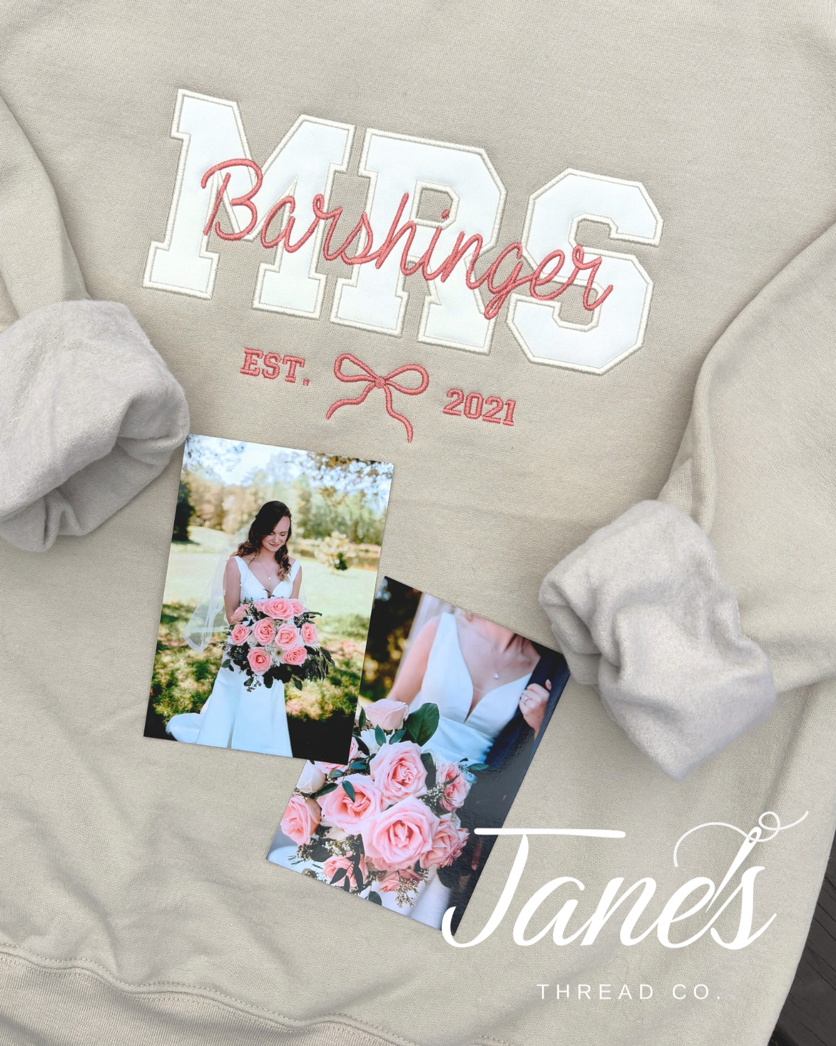 Beige sweatshirt with 'MRS. Barshinger EST. 2021' text and photos of a bride and groom.